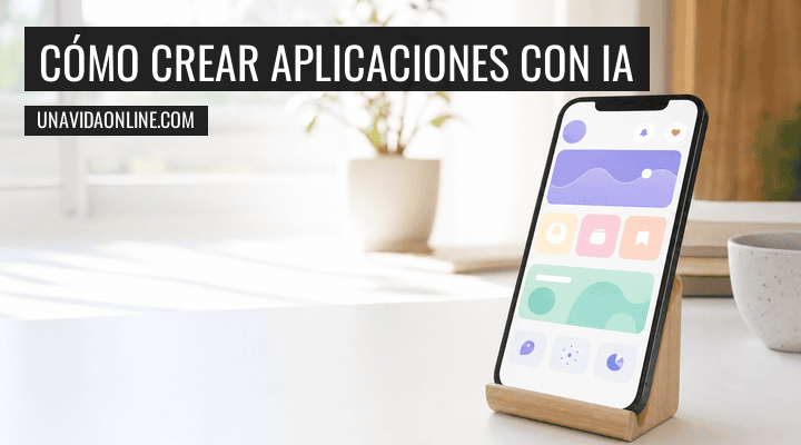 Móvil sobre un escritorio luminoso mostrando la interfaz de una app creada con IA